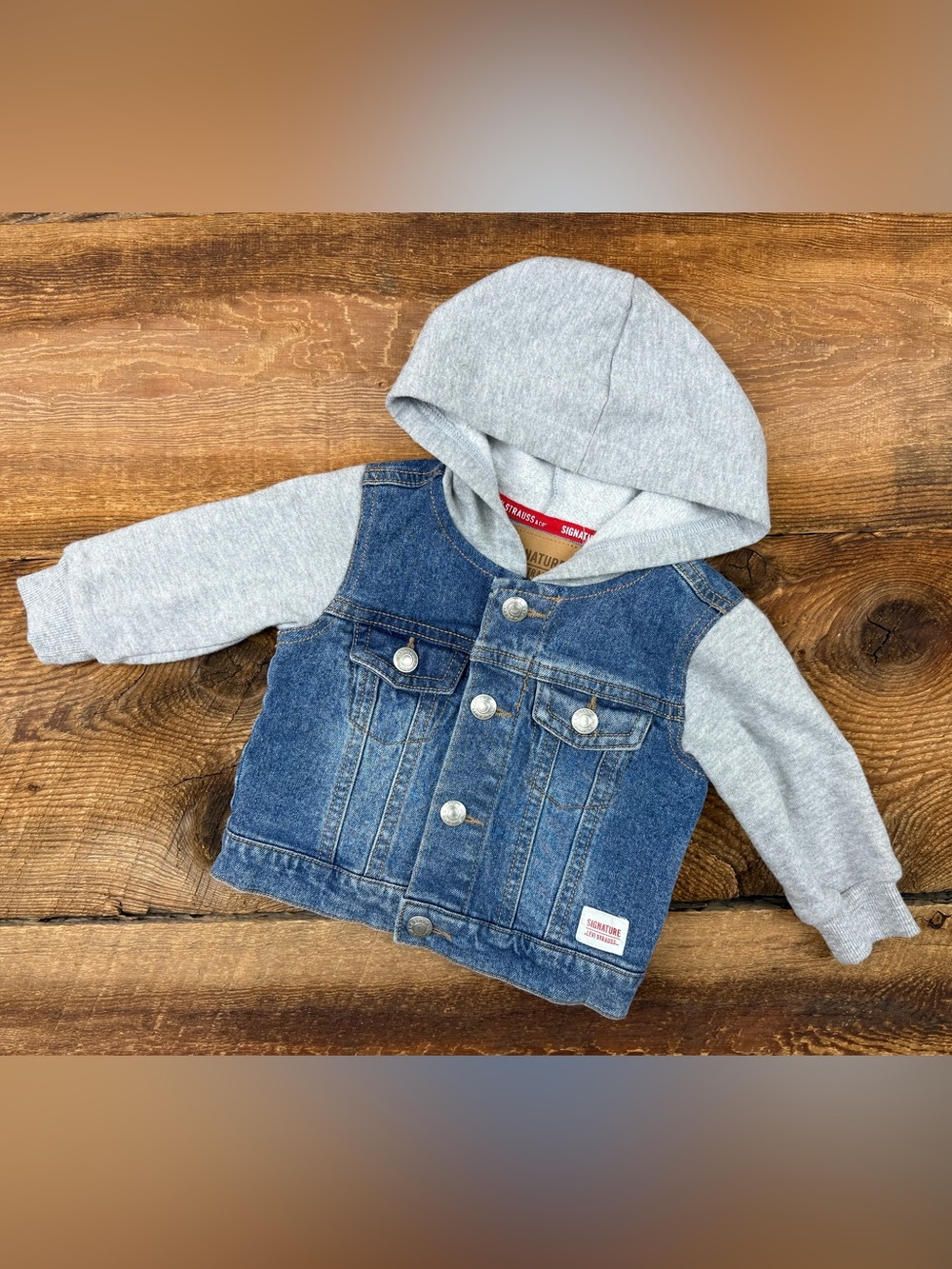 Signature by Levi Strauss Blue Denim Jacket with Gray Hooded Sleeves